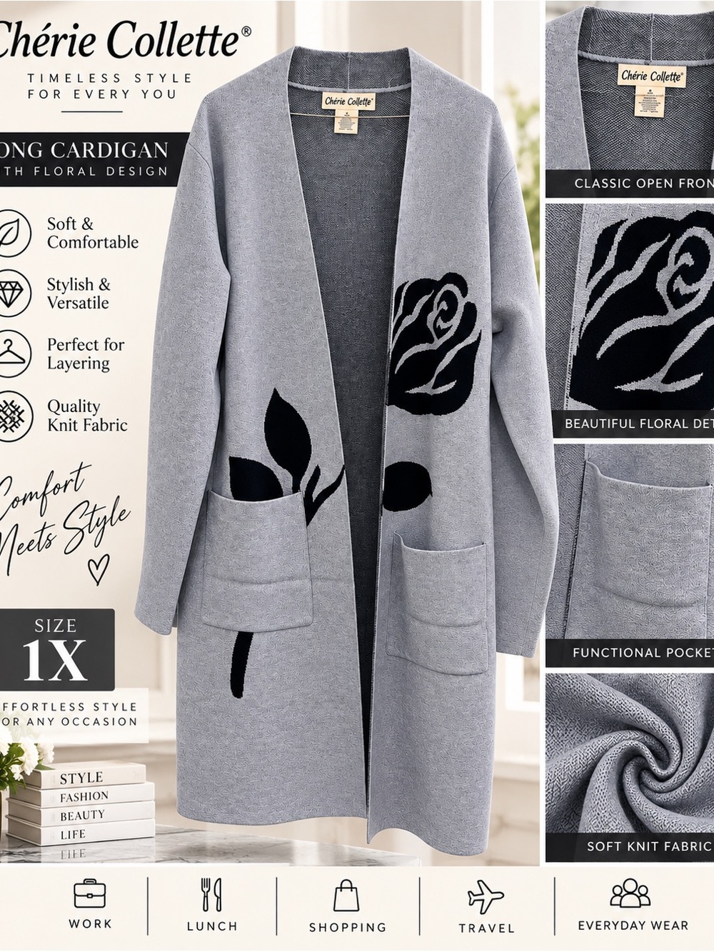Chérie Collette Gray Floral Long Cardigan – Size 1X – New With Tags